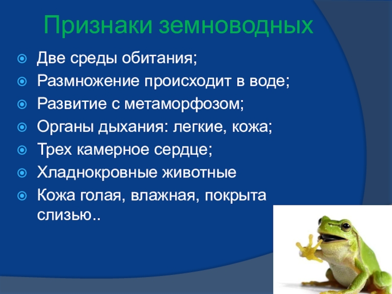 Презентация по биологии на тему Многообразие земноводных (7 класс) Признаки земноводныхДве среды обитания;Размножение происходит в воде;Развитие с метаморфозом;Органы дыхания: легкие, Признаки земноводныхДве среды обитания;Размножение происходит в воде;Развитие с метаморфозом;Органы дыхания: легкие, кожа;Трех камерное сердце;Хладнокровные животныеКожа голая, влажная,
