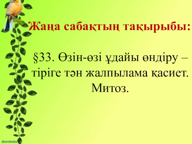 Биология пәнінен Митоз тақырыбына презентация (10 сынып) Өзін-өзі ұдайы өндіру – тіріге тән жалпылама қасиет. Митоз.Жаңа сабақтың тақырыбы:§33. Өзін-өзі ұдайы өндіру – тіріге тән жалпылама қасиет. Митоз.Жаңа сабақтың тақырыбы:§33. Өзін-өзі ұдайы өндіру – тіріге тән