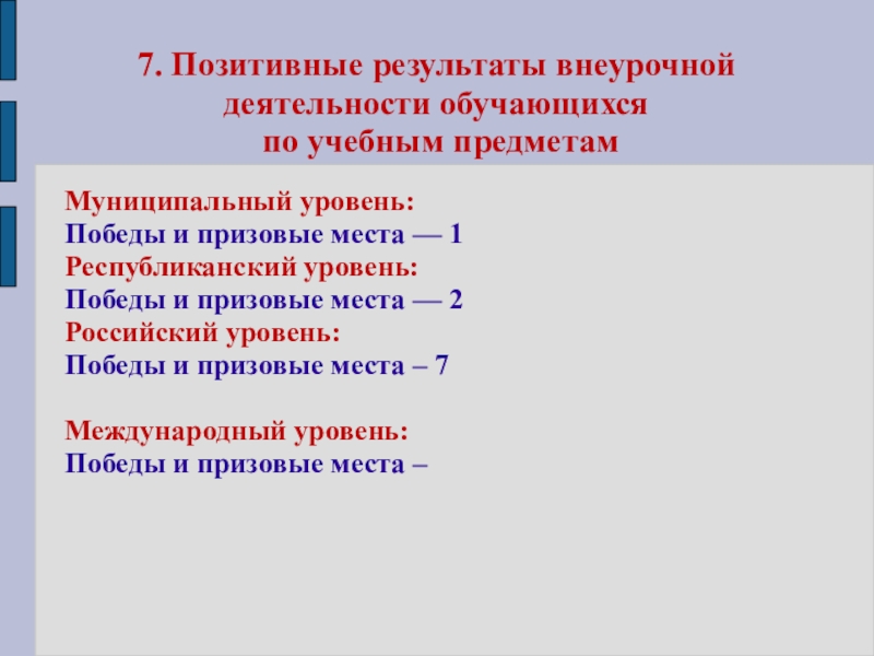 Портфолио учителя истории Кощеевой Ю.В. 7. Позитивные результаты внеурочной деятельности обучающихся по учебным предметамМуниципальный уровень:Победы и 7. Позитивные результаты внеурочной деятельности обучающихся по учебным предметамМуниципальный уровень:Победы и призовые места — 1Республиканский уровень:Победы