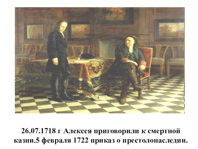Презентация по истории на тему Петр 1 Эпоха преобразований ( 8 класс) 26.07.1718 г Алексея приговорили к смертной казни.5 февраля 1722 приказ о престолонаследии. 26.07.1718 г Алексея приговорили к смертной казни.5 февраля 1722 приказ о престолонаследии.