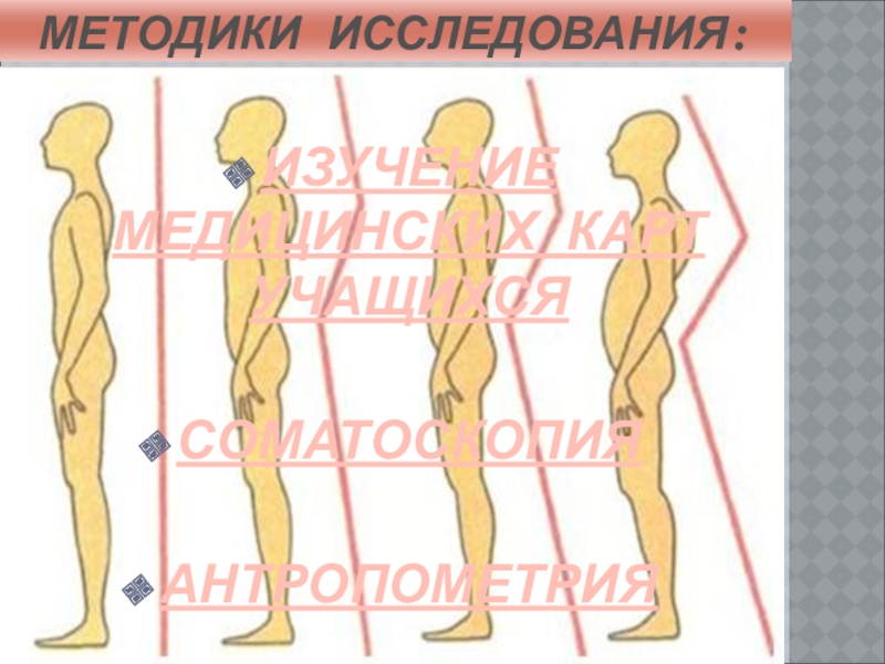 Презентация г. Алатырь_10кл_А.А. Сапарова МЕТОДИКИ ИССЛЕДОВАНИЯ:ИЗУЧЕНИЕ МЕДИЦИНСКИХ КАРТ УЧАЩИХСЯСОМАТОСКОПИЯ АНТРОПОМЕТРИЯ МЕТОДИКИ ИССЛЕДОВАНИЯ:ИЗУЧЕНИЕ МЕДИЦИНСКИХ КАРТ УЧАЩИХСЯСОМАТОСКОПИЯ АНТРОПОМЕТРИЯ