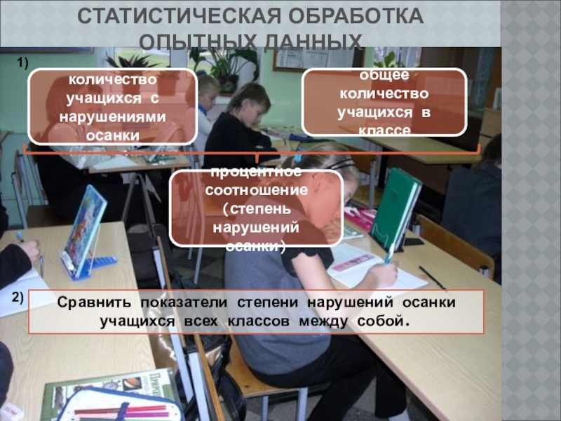 Презентация г. Алатырь_10кл_А.А. Сапарова СТАТИСТИЧЕСКАЯ ОБРАБОТКА ОПЫТНЫХ ДАННЫХколичество учащихся с нарушениями осанкиобщее количество учащихся в СТАТИСТИЧЕСКАЯ ОБРАБОТКА ОПЫТНЫХ ДАННЫХколичество учащихся с нарушениями осанкиобщее количество учащихся в классепроцентное соотношение (степень нарушений осанки) 1)2)Сравнить