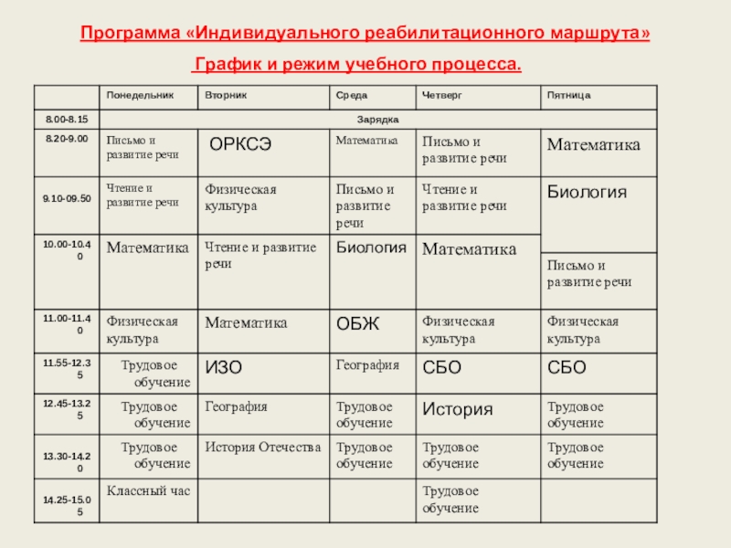 Отчет по стажировке в МБОУ Школе - интернате №2 г.о. Электросталь График и режим учебного процесса.Программа «Индивидуального реабилитационного маршрута» График и режим учебного процесса.Программа «Индивидуального реабилитационного маршрута»