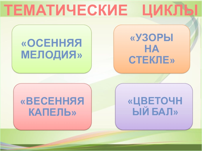 ПРЕЗЕНТАЦИЯ ИСПОЛЬЗОВАНИЕ СОВРЕМЕННЫХ МУЗЫКАЛЬНО-ПЕДАГОГИЧЕСКИХ ТЕХНОЛОГИЙ В РАБОТЕ С ДЕТЬМИ С ОВЗ ТЕМАТИЧЕСКИЕ ЦИКЛЫ ТЕМАТИЧЕСКИЕ ЦИКЛЫ