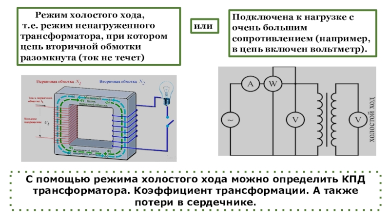 Режимы работы трансформатора. Виды трансформаторов. Режим холостого хода, т.е. режим ненагруженного трансформатора, при котором цепь вторичной Режим холостого хода, т.е. режим ненагруженного трансформатора, при котором цепь вторичной обмотки разомкнута (ток не течет)С помощью