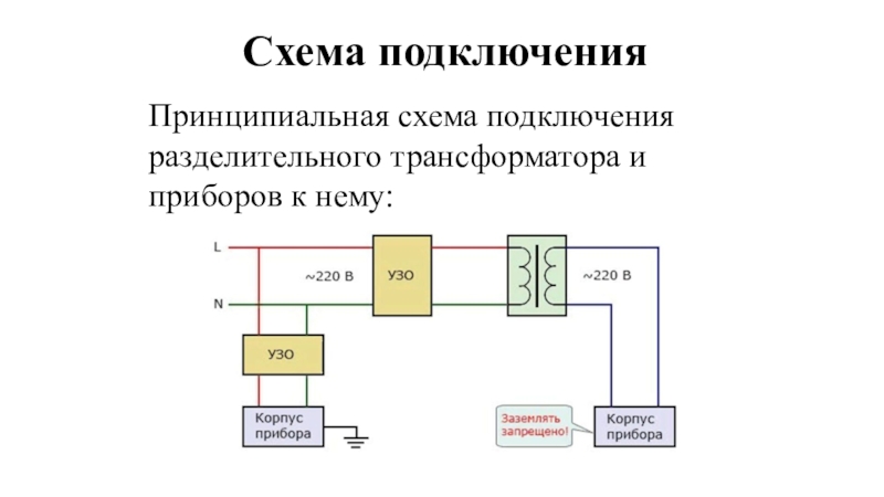 Режимы работы трансформатора. Виды трансформаторов. Схема подключенияПринципиальная схема подключения разделительного трансформатора и приборов к нему: Схема подключенияПринципиальная схема подключения разделительного трансформатора и приборов к нему: