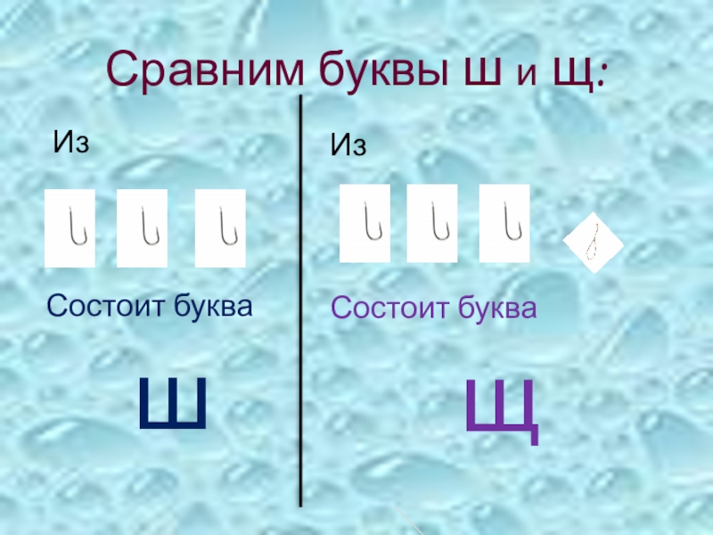Презентация к логопедическому занятию по теме Дифференциация звуков и букв Ш-Щ Сравним буквы ш и щ: ИзСостоит буквашИзСостоит букващ Сравним буквы ш и щ: ИзСостоит буквашИзСостоит букващ