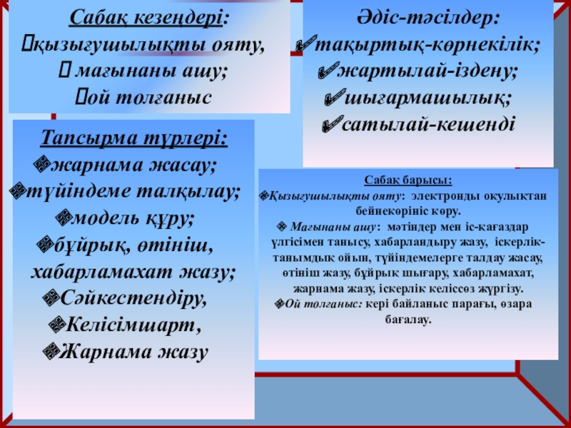 Мекеме, ұйым жұмыстарына қатысты іс-қағазадары 10-сынып қазақ тілі Сабақ кезеңдері: қызығушылықты ояту, мағынаны ашу;ой толғанысӘдіс-тәсілдер:тақыртық-көрнекілік;жартылай-іздену;шығармашылық;сатылай-кешендіТапсырма түрлері:жарнама жасау;түйіндеме талқылау;модель құру;бұйрық, Сабақ кезеңдері: қызығушылықты ояту, мағынаны ашу;ой толғанысӘдіс-тәсілдер:тақыртық-көрнекілік;жартылай-іздену;шығармашылық;сатылай-кешендіТапсырма түрлері:жарнама жасау;түйіндеме талқылау;модель құру;бұйрық, өтініш, хабарламахат жазу;Сәйкестендіру, Келісімшарт,Жарнама жазуСабақ барысы:Қызығушылықты