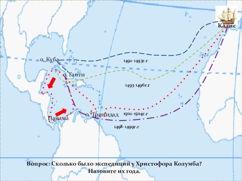 Интерактивная карта: Открытие пути в Индию: Запад и Восток Кадис1492-1493г.го. Куба1493-1496г.го. Гаитио. Тринидад1498-1499г.гПанама1502-1504г.гВопрос: Сколько было экспедиций у Христофора Колумба? Назовите их года. Кадис1492-1493г.го. Куба1493-1496г.го. Гаитио. Тринидад1498-1499г.гПанама1502-1504г.гВопрос: Сколько было экспедиций у Христофора Колумба? Назовите их года.