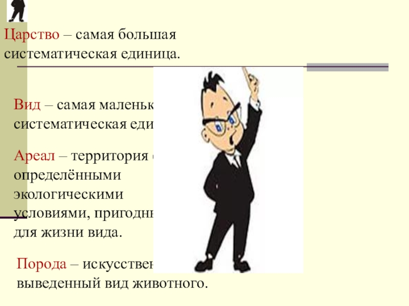 Презентация по биологии Классификация животных Царство – самая большая систематическая единица.Вид – самая маленькая систематическая единица.Ареал Царство – самая большая систематическая единица.Вид – самая маленькая систематическая единица.Ареал – территория с определёнными экологическими условиями,