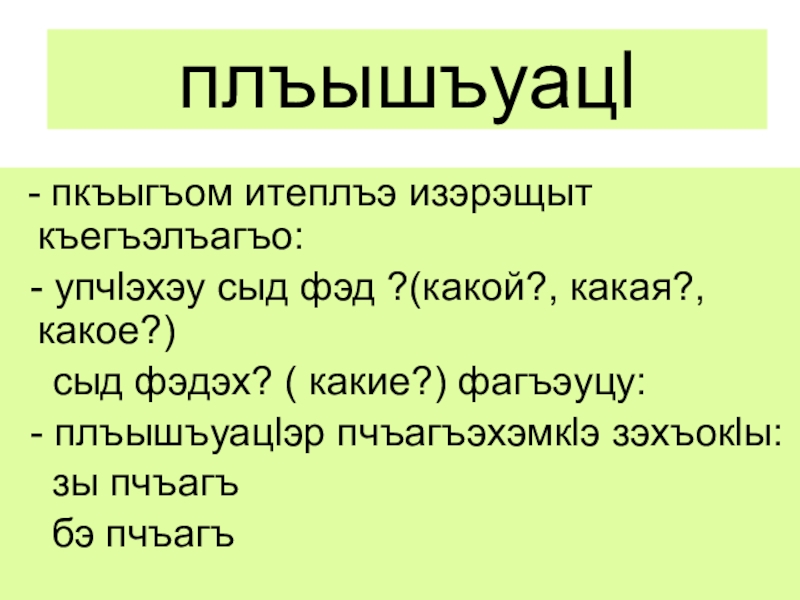 Урок адыгейского языка ПлъышъуацIэр в 5 классе плъышъуацl - пкъыгъом итеплъэ изэрэщыт къегъэлъагъо: - упчlэхэу сыд фэд ?(какой?, плъышъуацl - пкъыгъом итеплъэ изэрэщыт къегъэлъагъо: - упчlэхэу сыд фэд ?(какой?, какая?, какое?) сыд фэдэх? (