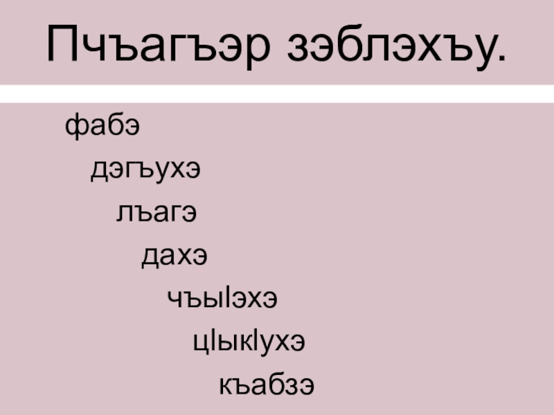 Урок адыгейского языка ПлъышъуацIэр в 5 классе Пчъагъэр зэблэхъу. фабэ дэгъухэ лъагэ Пчъагъэр зэблэхъу. фабэ дэгъухэ