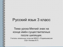Презентация по русскому языку 3 класс на тему :Мягкий знак на конце имён существительных после шипящих