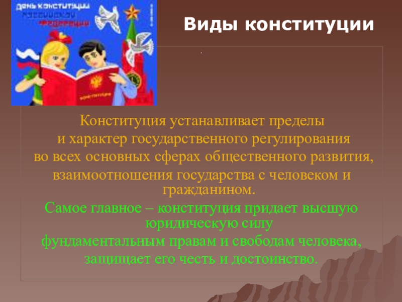 Презентация 12 декабря – День Конституции Российской Федерации . Конституция устанавливает пределы и характер государственного регулирования во всех основных . Конституция устанавливает пределы и характер государственного регулирования во всех основных сферах общественного развития, взаимоотношения государства с