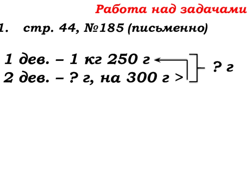 Урок №14 18.09.19 Сложение натуральных чисел и его свойства Работа над задачамистр. 44, №185 (письменно)1 дев. – 1 кг 250 Работа над задачамистр. 44, №185 (письменно)1 дев. – 1 кг 250 г2 дев. – ? г, на