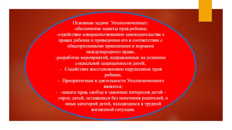 Презентация Уполномоченный по правам ребенка - защитник прав детей Основные задачи Уполномоченных:-обеспечение зашиты прав ребенка;-содействие совершенствованию законодательства о правах ребенка Основные задачи Уполномоченных:-обеспечение зашиты прав ребенка;-содействие совершенствованию законодательства о правах ребенка и приведению его в соответствие с
