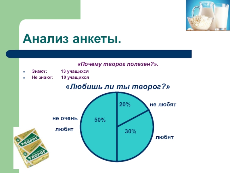 Презентация научно-исследовательской работы О ПОЛЬЗЕ ТВОРОГА В ПИТАНИИ ШКОЛЬНИКА Анализ анкеты.«Почему творог полезен?».Знают: 13 учащихсяНе знают: 10 Анализ анкеты.«Почему творог полезен?».Знают: 13 учащихсяНе знают: 10 учащихся«Любишь ли