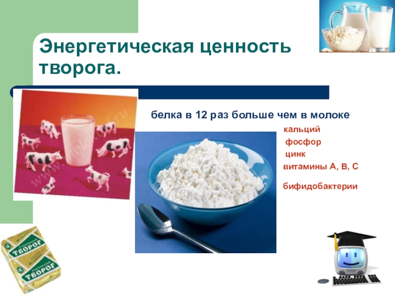 Презентация научно-исследовательской работы О ПОЛЬЗЕ ТВОРОГА В ПИТАНИИ ШКОЛЬНИКА Энергетическая ценность творога. белка в Энергетическая ценность творога. белка в