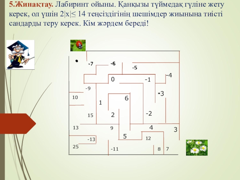 Модуль .ppt (6 класс) -7-6-5-4--2-10126534•-7-6-5-3•-97101325-11891215-135.Жинақтау. Лабиринт ойыны. Қанқызы түймедақ гүліне жету -7-6-5-4--2-10126534•-7-6-5-3•-97101325-11891215-135.Жинақтау. Лабиринт ойыны. Қанқызы түймедақ гүліне жету керек, ол үшін