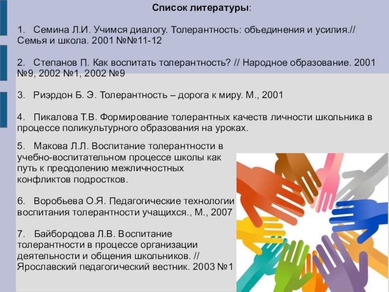 Презентация для внеклассной работы Формирование толерантной среды в МБОУ Акбулакская СОШ №1 Список литературы:1. Семина Л.И. Учимся диалогу. Толерантность: объединения и усилия.// Семья Список литературы:1. Семина Л.И. Учимся диалогу. Толерантность: объединения и усилия.// Семья и школа. 2001 №№11-122.
