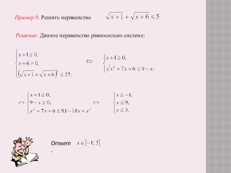 Иррациональные неравенства Пример 9. Решить неравенство Решение. Данное неравенство равносильно системе:Ответ. Пример 9. Решить неравенство Решение. Данное неравенство равносильно системе:Ответ.