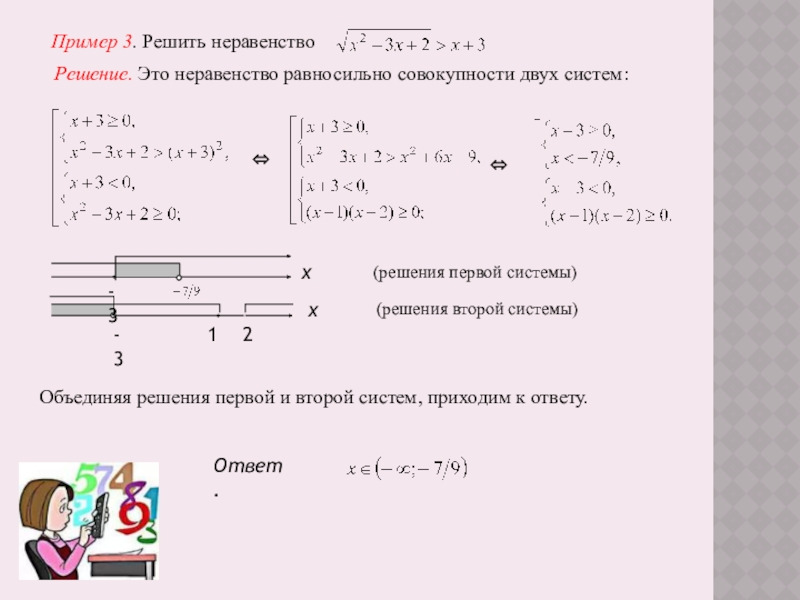 Иррациональные неравенства Пример 3. Решить неравенство Решение. Это неравенство равносильно совокупности двух систем:-3-3- Пример 3. Решить неравенство Решение. Это неравенство равносильно совокупности двух систем:-3-3- 1 2хх(решения первой системы)(решения второй системы)Объединяя