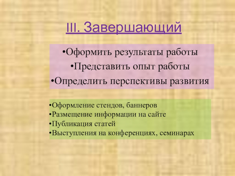 Социально-значимый проект Вместе III. Завершающий Оформить результаты работыПредставить опыт работыОпределить перспективы развитияОформление стендов, баннеров III. Завершающий Оформить результаты работыПредставить опыт работыОпределить перспективы развитияОформление стендов, баннеров Размещение информации на сайтеПубликация статейВыступления на