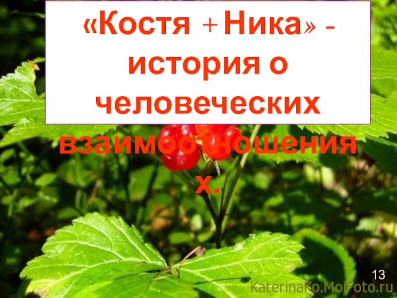 Урок внеклассного чтения по повести Т. Крюковой Костя + Ника - история о человеческих взаимоотношениях «Костя + Ника» - история о человеческих взаимоотношениях.13 «Костя + Ника» - история о человеческих взаимоотношениях.13