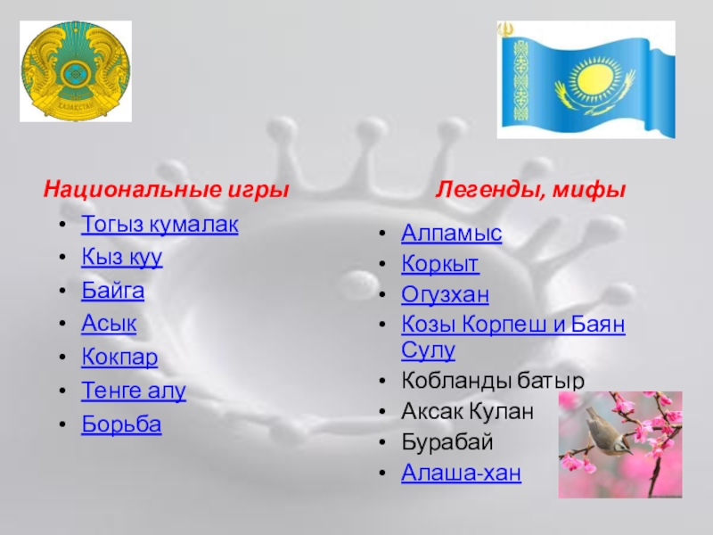 Представление Казахстана для мероприятия Дружба народов Национальные игрыТогыз кумалакКыз кууБайгаАсыкКокпарТенге алуБорьбаЛегенды, мифыАлпамысКоркытОгузханКозы Корпеш и Баян СулуКобланды батырАксак КуланБурабайАлаша-хан Национальные игрыТогыз кумалакКыз кууБайгаАсыкКокпарТенге алуБорьбаЛегенды, мифыАлпамысКоркытОгузханКозы Корпеш и Баян СулуКобланды батырАксак КуланБурабайАлаша-хан