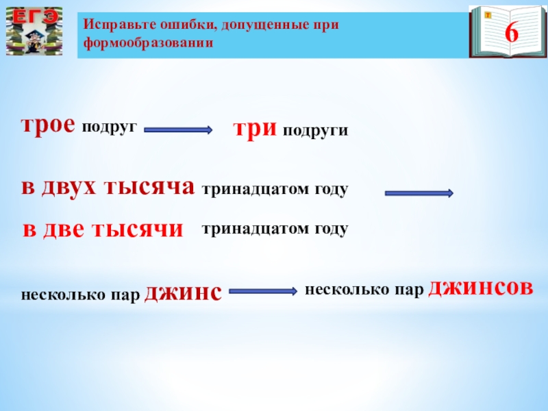 Презентация по русскому языку по теме Подготовка к ЕГЭ(11 класс) 6трое подругв двух тысяча тринадцатом годунесколько пар джинсИсправьте ошибки, допущенные 6трое подругв двух тысяча тринадцатом годунесколько пар джинсИсправьте ошибки, допущенные при формообразованиитри подругитринадцатом годув две тысячи
