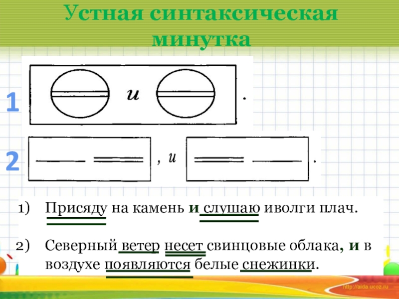Презентация по русскому языку на тему Простые и сложные предложения ( 5класс) Устная синтаксическая минутка12Присяду на камень и слушаю иволги плач.Северный ветер несет Устная синтаксическая минутка12Присяду на камень и слушаю иволги плач.Северный ветер несет свинцовые облака, и в воздухе появляются