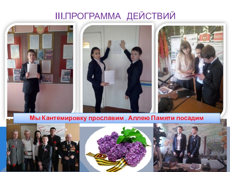 Презентация к проекту Аллея Памяти и Славы III.ПРОГРАММА ДЕЙСТВИЙМы Кантемировку прославим , Аллею Памяти посадим III.ПРОГРАММА ДЕЙСТВИЙМы Кантемировку прославим , Аллею Памяти посадим