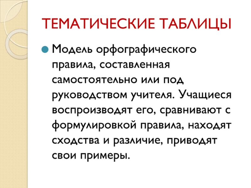 Методическая система работы Системно – деятельностный подход к формированию орфографической зоркости младших школьников на уроках русского языка ТЕМАТИЧЕСКИЕ ТАБЛИЦЫМодель орфографического правила, составленная самостоятельно или под руководством учителя. Учащиеся ТЕМАТИЧЕСКИЕ ТАБЛИЦЫМодель орфографического правила, составленная самостоятельно или под руководством учителя. Учащиеся воспроизводят его, сравнивают с формулировкой правила,