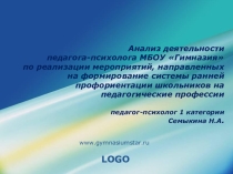 Анализ деятельности педагога-психолога МБОУ Гимназия по реализации мероприятий, направленных на формирование системы ранней профориентации школьников на педагогические профессии