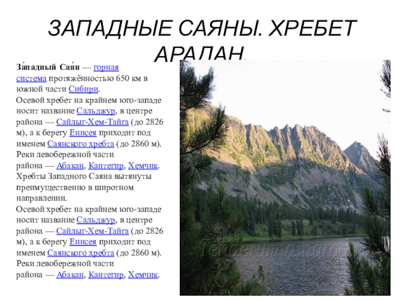 Презентация на тему ЗАПАДНЫЕ САЯНЫ. ХРЕБЕТ АРАДАН.За́падный Сая́н — горная система протяжённостью 650 км в ЗАПАДНЫЕ САЯНЫ. ХРЕБЕТ АРАДАН.За́падный Сая́н — горная система протяжённостью 650 км в южной части Сибири. Осевой хребет на крайнем юго-западе носит название Сальджур,