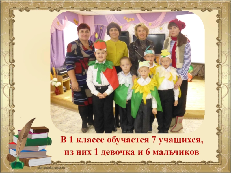 Творческий подход учителя к выбору средств, форм, приемов и методов коррекционной работы с учащимися В 1 классе обучается 7 учащихся, из них 1 девочка и 6 мальчиков В 1 классе обучается 7 учащихся, из них 1 девочка и 6 мальчиков