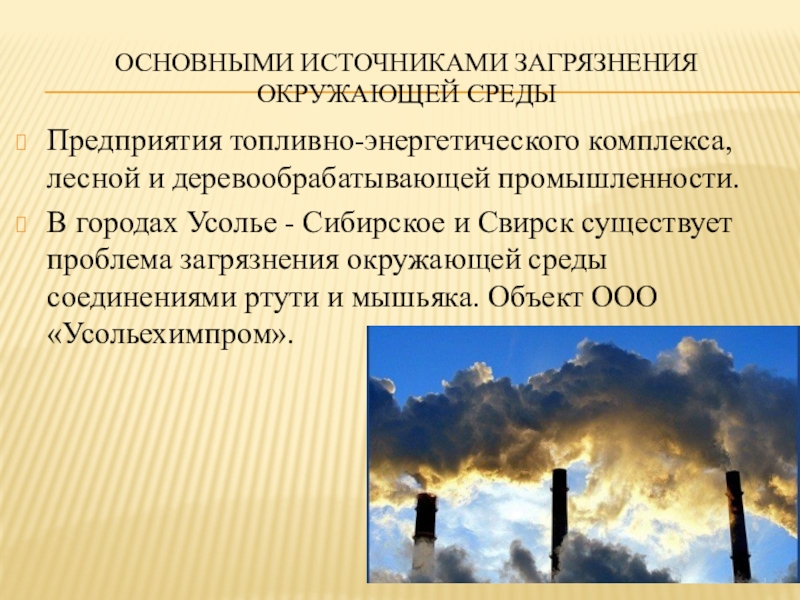 Презентация по биологии на тему Экологическая обстановка в Иркутской области Основными источниками загрязнения окружающей средыПредприятия топливно-энергетического комплекса, лесной и деревообрабатывающей промышленности. Основными источниками загрязнения окружающей средыПредприятия топливно-энергетического комплекса, лесной и деревообрабатывающей промышленности. В городах Усолье - Сибирское и