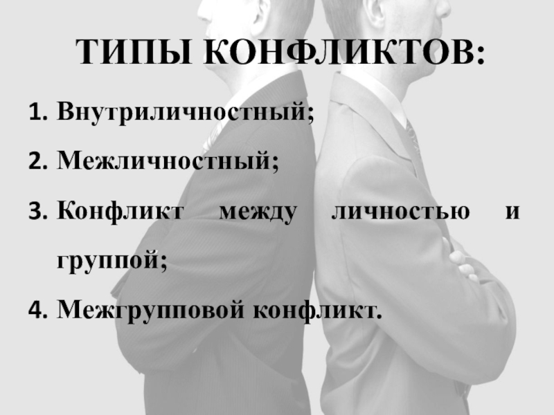 Презентация по менеджменту на тему Морально-психологический климат в коллективе ТИПЫ КОНФЛИКТОВ:Внутриличностный;Межличностный;Конфликт между личностью и группой; Межгрупповой конфликт. ТИПЫ КОНФЛИКТОВ:Внутриличностный;Межличностный;Конфликт между личностью и группой; Межгрупповой конфликт.