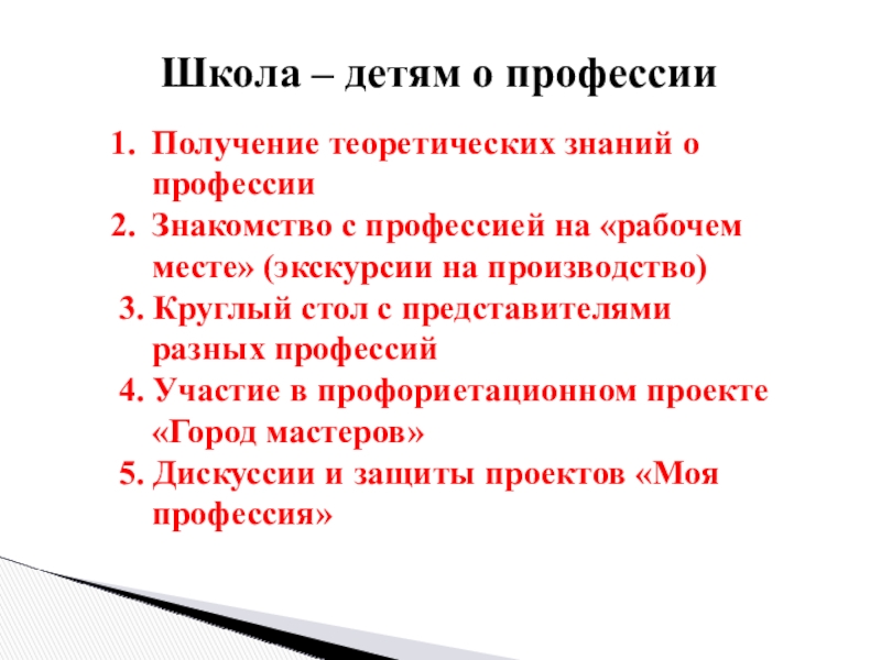 Презентация Экскурсия в профессию Получение теоретических знаний о профессииЗнакомство с профессией на «рабочем месте» (экскурсии Получение теоретических знаний о профессииЗнакомство с профессией на «рабочем месте» (экскурсии на производство) 3. Круглый стол с