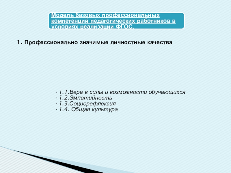 Развитие профессиональной компетенции педагогических работников в условиях реализации ФГОС 1. Профессионально значимые личностные качества 1. Профессионально значимые личностные качества