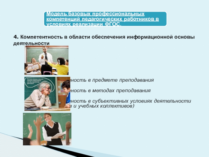 Развитие профессиональной компетенции педагогических работников в условиях реализации ФГОС 4. Компетентность в области обеспечения информационной основы деятельности 4. Компетентность в области обеспечения информационной основы деятельности