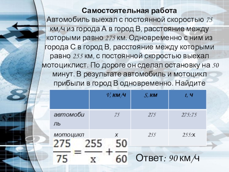 Презентация к уроку по математике на тему Решение текстовых задач (элективный курс, 10-11 класс) Самостоятельная работаАвтомобиль выехал с постоянной скоростью 75 км/ч из города А Самостоятельная работаАвтомобиль выехал с постоянной скоростью 75 км/ч из города А в город В, расстояние между которыми