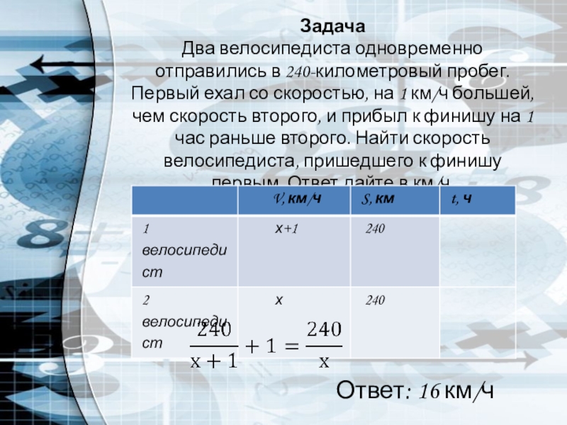 Презентация к уроку по математике на тему Решение текстовых задач (элективный курс, 10-11 класс) ЗадачаДва велосипедиста одновременно отправились в 240-километровый пробег. Первый ехал со скоростью, ЗадачаДва велосипедиста одновременно отправились в 240-километровый пробег. Первый ехал со скоростью, на 1 км/ч большей, чем скорость второго,