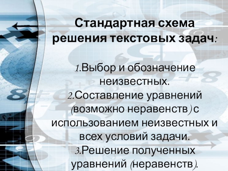 Презентация к уроку по математике на тему Решение текстовых задач (элективный курс, 10-11 класс) Стандартная схема решения текстовых задач: 1.Выбор и обозначение неизвестных. 2.Составление уравнений (возможно Стандартная схема решения текстовых задач: 1.Выбор и обозначение неизвестных. 2.Составление уравнений (возможно неравенств) с использованием неизвестных и всех