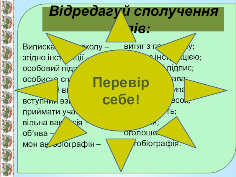 Презентація до уроку:Професійно-виробнича лексика;наукова і ділова лексика, її стилістичні функції.10 клас. Виписка з протоколу –згідно інструкції –особовий підпис –особиста справа –особовий випадок Виписка з протоколу –згідно інструкції –особовий підпис –особиста справа –особовий випадок –вступний взнос –приймати участь -вільна вакансія