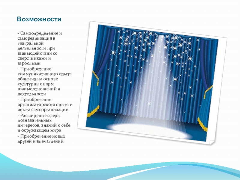 Презентация Мое портфолио Возможности- Самоопределение и самореализация в театральной деятельности при взаимодействии со сверстниками Возможности- Самоопределение и самореализация в театральной деятельности при взаимодействии со сверстниками и взрослыми- Приобретение коммуникативного опыта общения