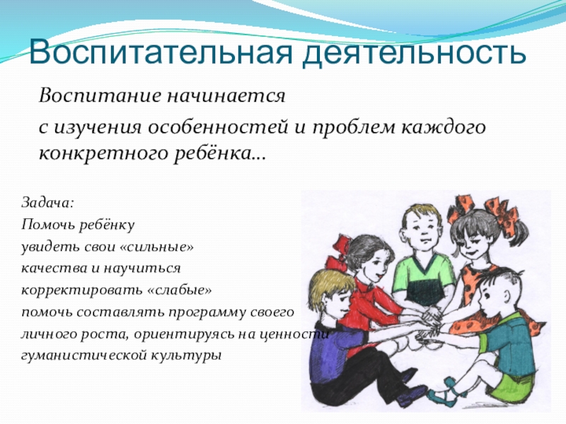 Презентация Мое портфолио Воспитательная деятельность Воспитание начинается с изучения особенностей и проблем каждого конкретного Воспитательная деятельность Воспитание начинается с изучения особенностей и проблем каждого конкретного ребёнка…Задача: Помочь ребёнкуувидеть свои «сильные»качества и