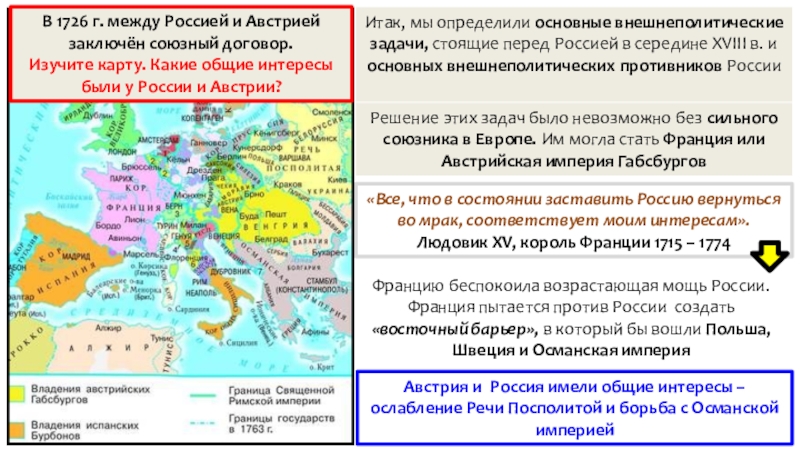 Презентация по истории Внешняя политика России в 1725 – 1762 гг. (8 класс) Итак, мы определили основные внешнеполитические задачи, стоящие перед Россией в середине Итак, мы определили основные внешнеполитические задачи, стоящие перед Россией в середине XVIII в. и основных внешнеполитических противников