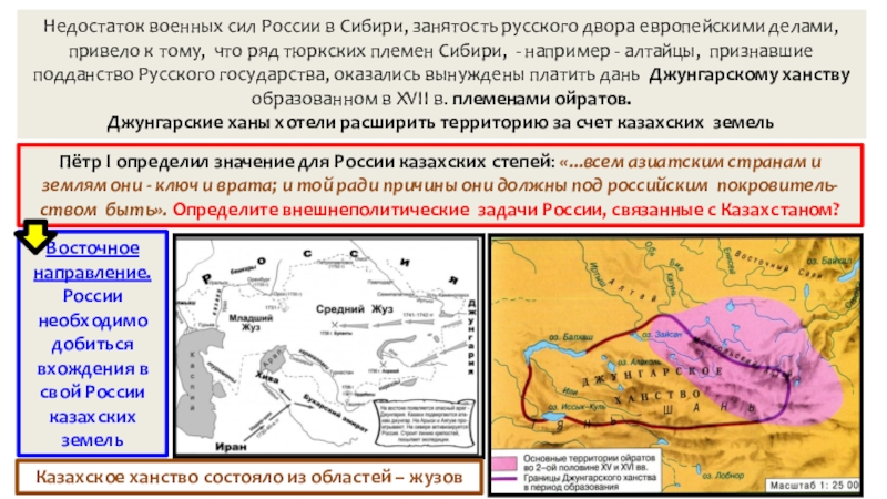 Презентация по истории Внешняя политика России в 1725 – 1762 гг. (8 класс) Пётр I определил значение для России казахских степей: «...всем азиатским странам Пётр I определил значение для России казахских степей: «...всем азиатским странам и землям они - ключ и
