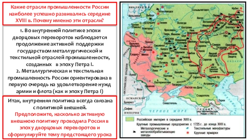 Презентация на тему Какие отрасли промышленности России наиболее успешно развивались середине Какие отрасли промышленности России наиболее успешно развивались середине XVIII в. Почему именно эти отрасли? 1. Во внутренней